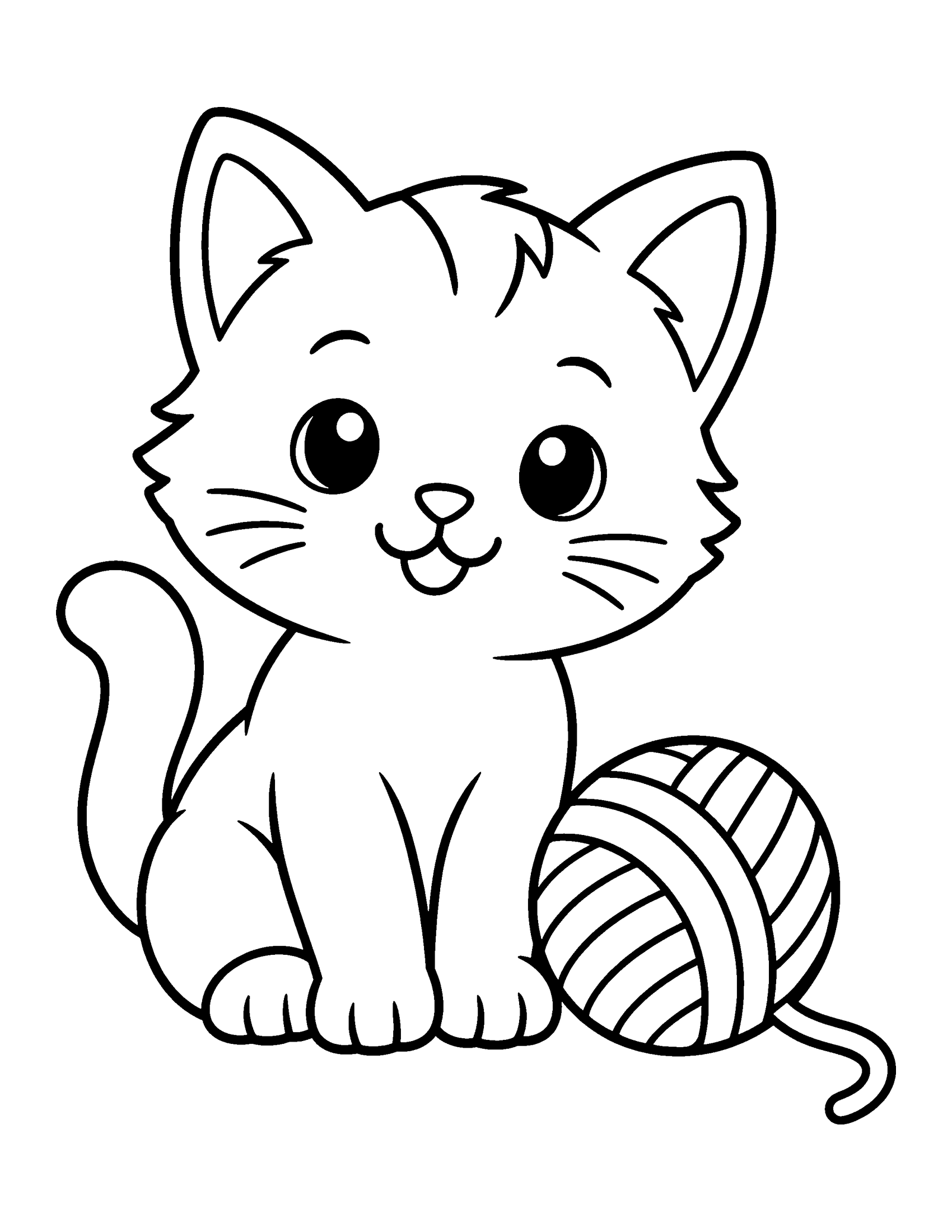 Cute kitten sitting next to a ball of yarn, coloring page