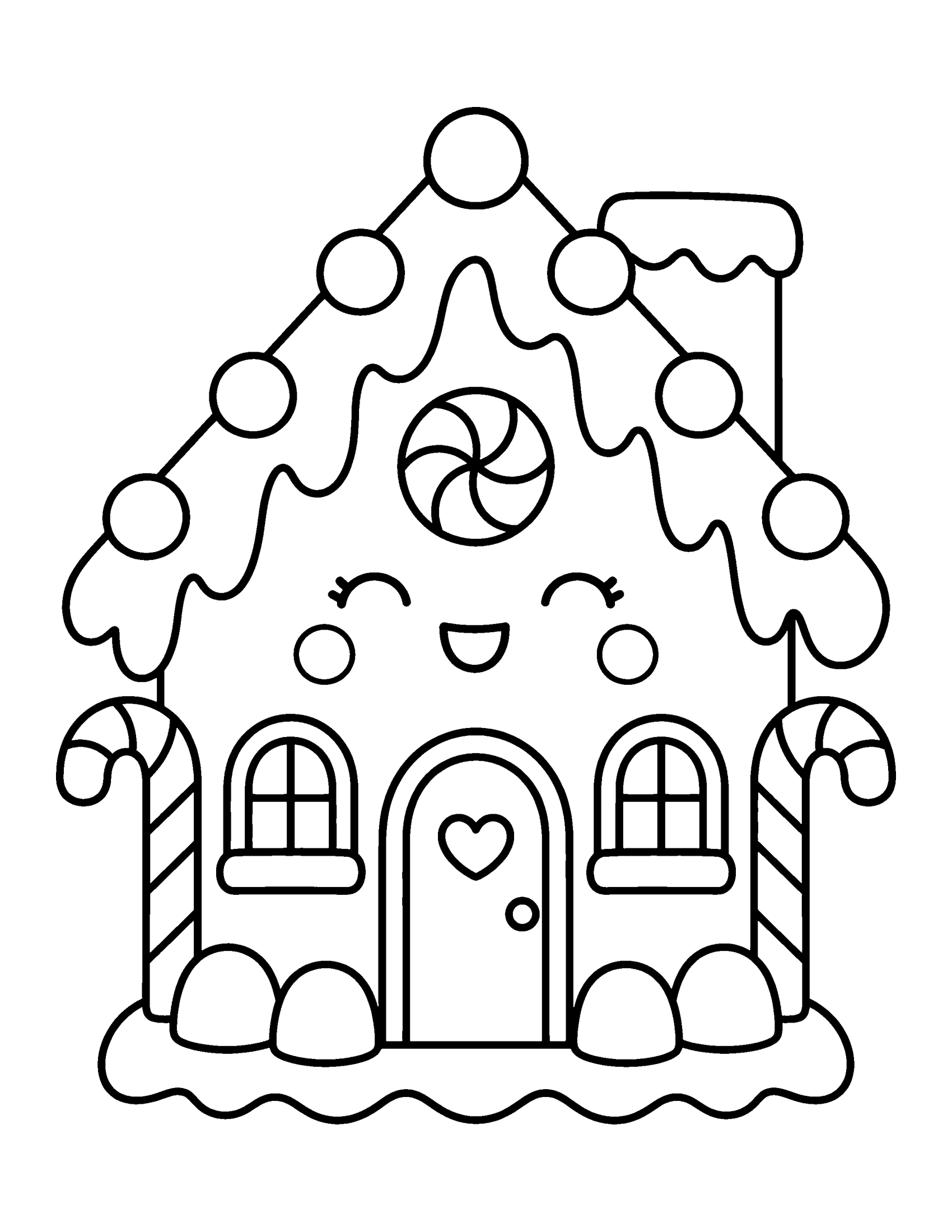 Gingerbread house with a smiling face, icing roof, gumdrops and two candy canes, coloring page