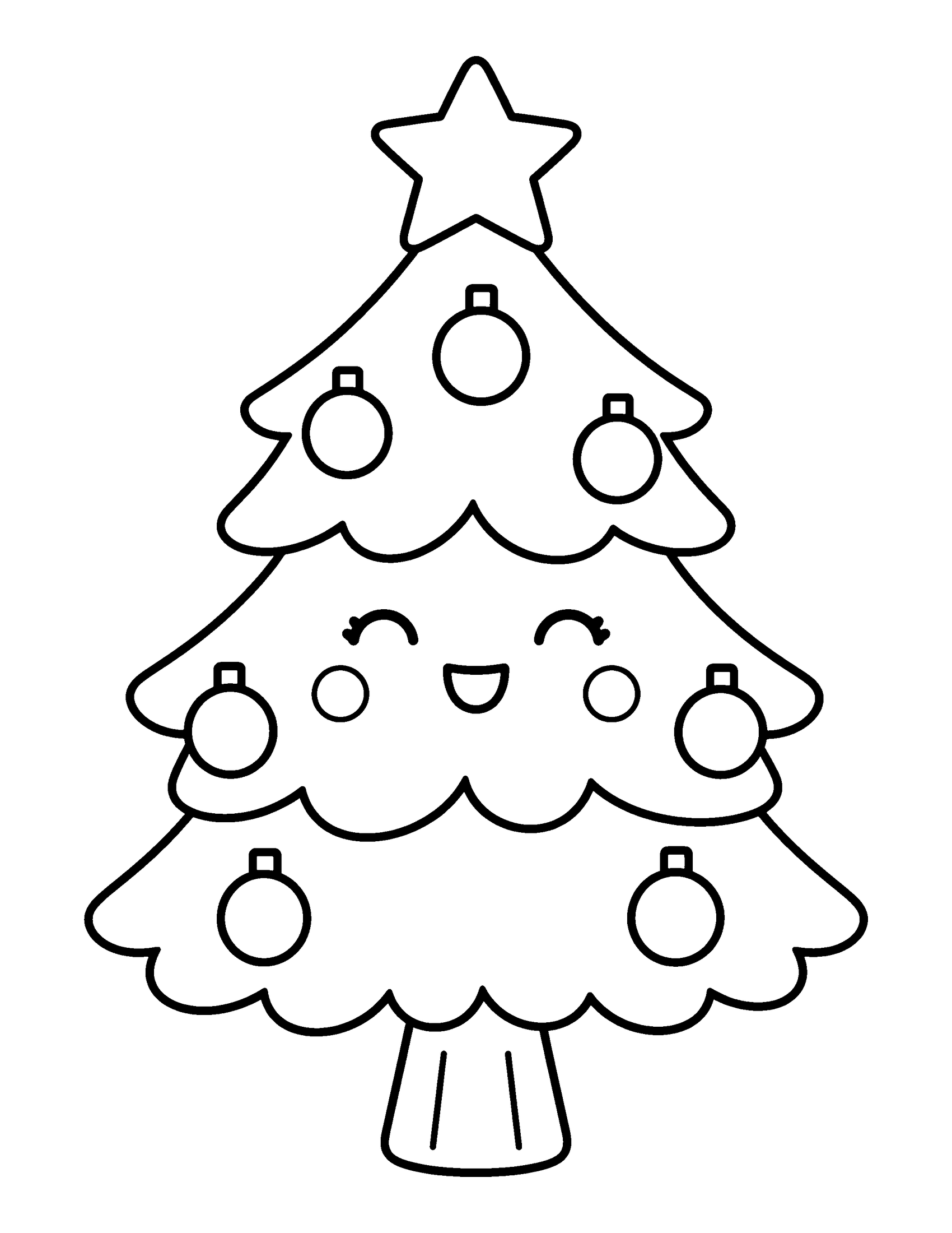 Small Christmas tree with a smiling kawaii face, round ornaments and a star, coloring page