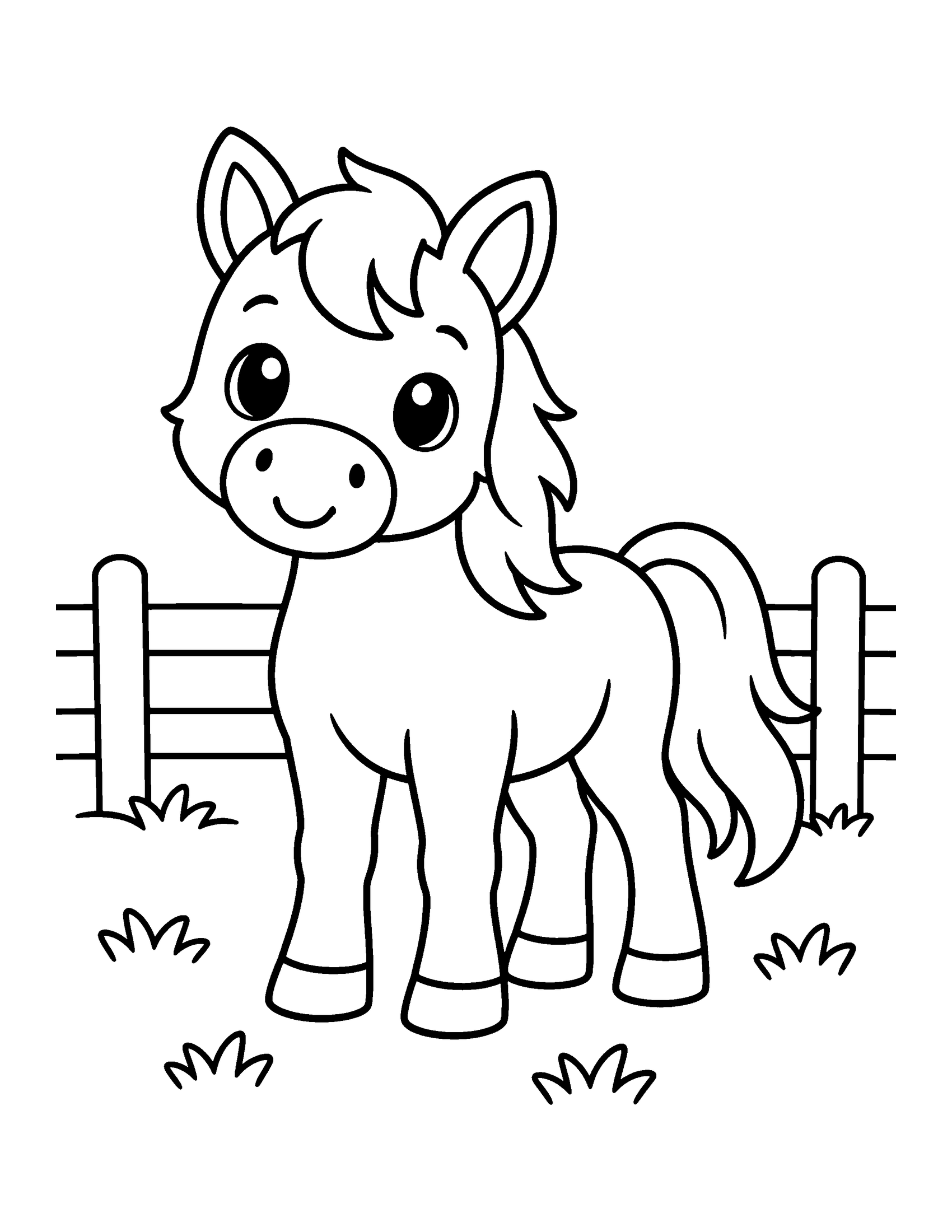 Cute pony with a long mane standing in front of a wooden fence with tufts of grass, coloring page