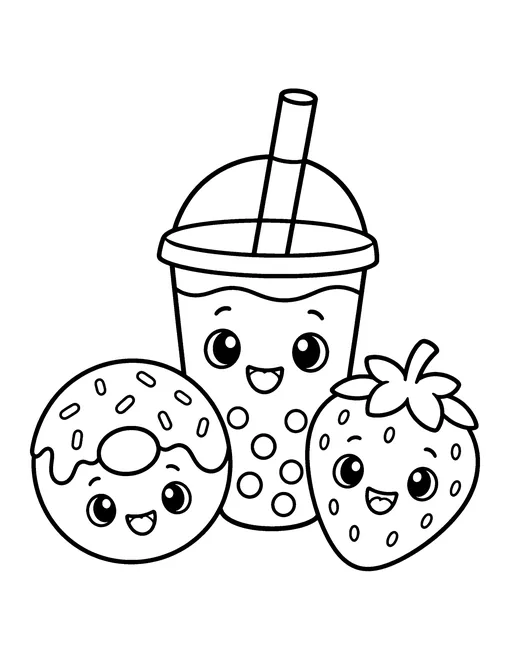 Cup of boba tea, a sprinkled donut and a strawberry, each with a smiling kawaii face, coloring page