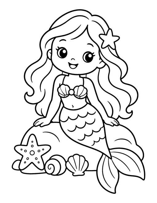 Smiling mermaid with long wavy hair sitting on a rock with a starfish and two shells, coloring page