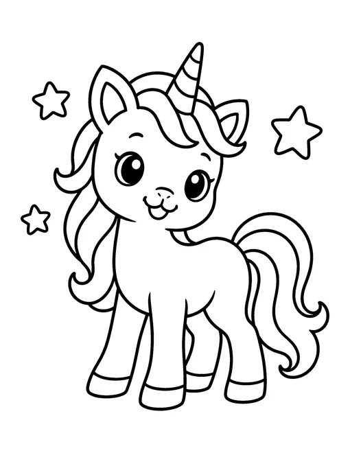 Cute unicorn with a striped horn and flowing mane, with three stars around it, coloring page