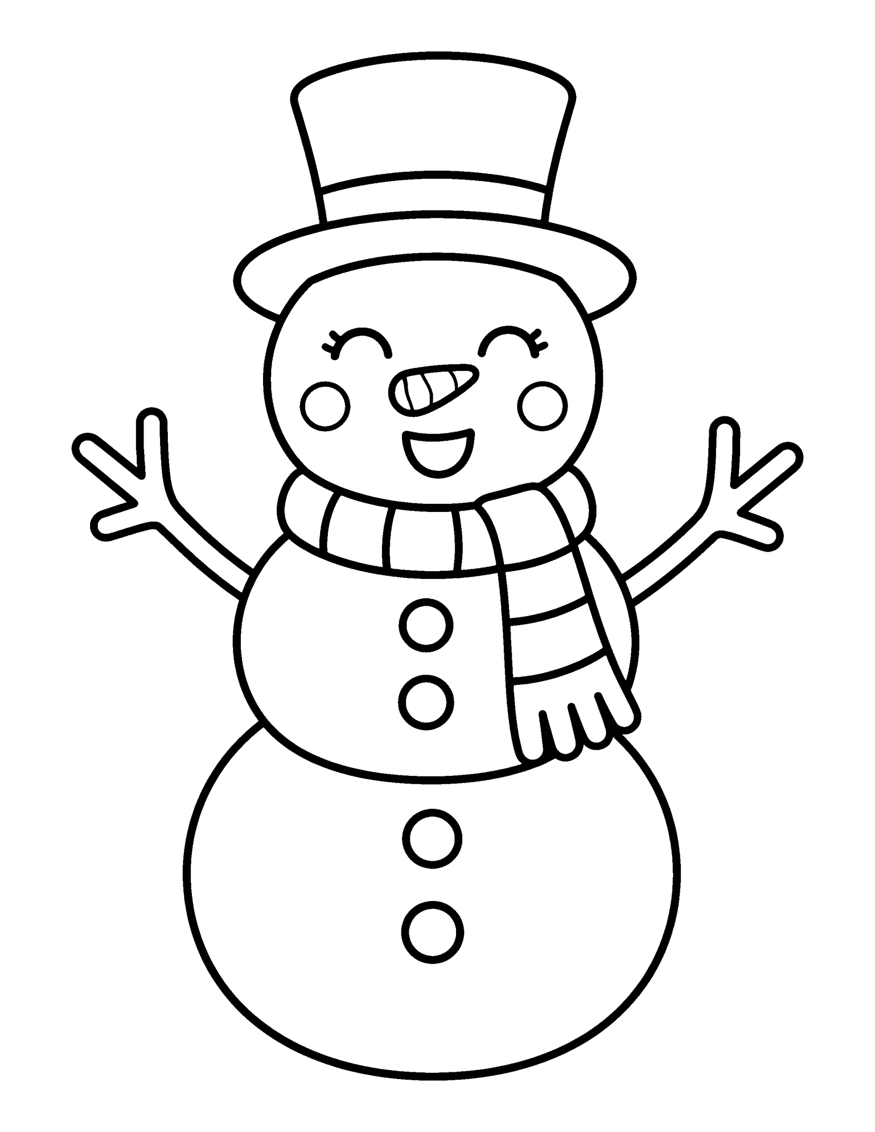 Smiling snowman with a top hat, striped scarf, carrot nose and stick arms, coloring page