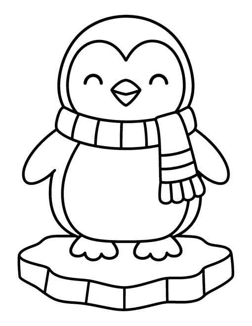 Smiling baby penguin wearing a striped scarf and standing on a block of ice, coloring page